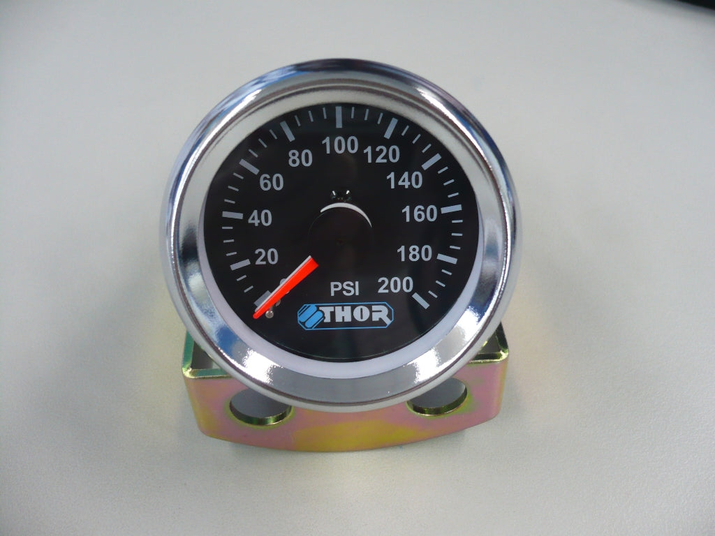 Thor dual needle air pressure gauge with 'Thor' branding for airbag suspension monitoring.