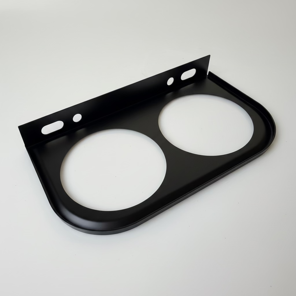 Black metal bracket with two circular white inserts on a white background rear image
