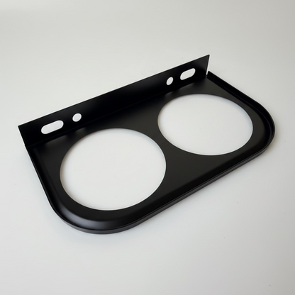 Black metal bracket with two circular white inserts on a white background rear image